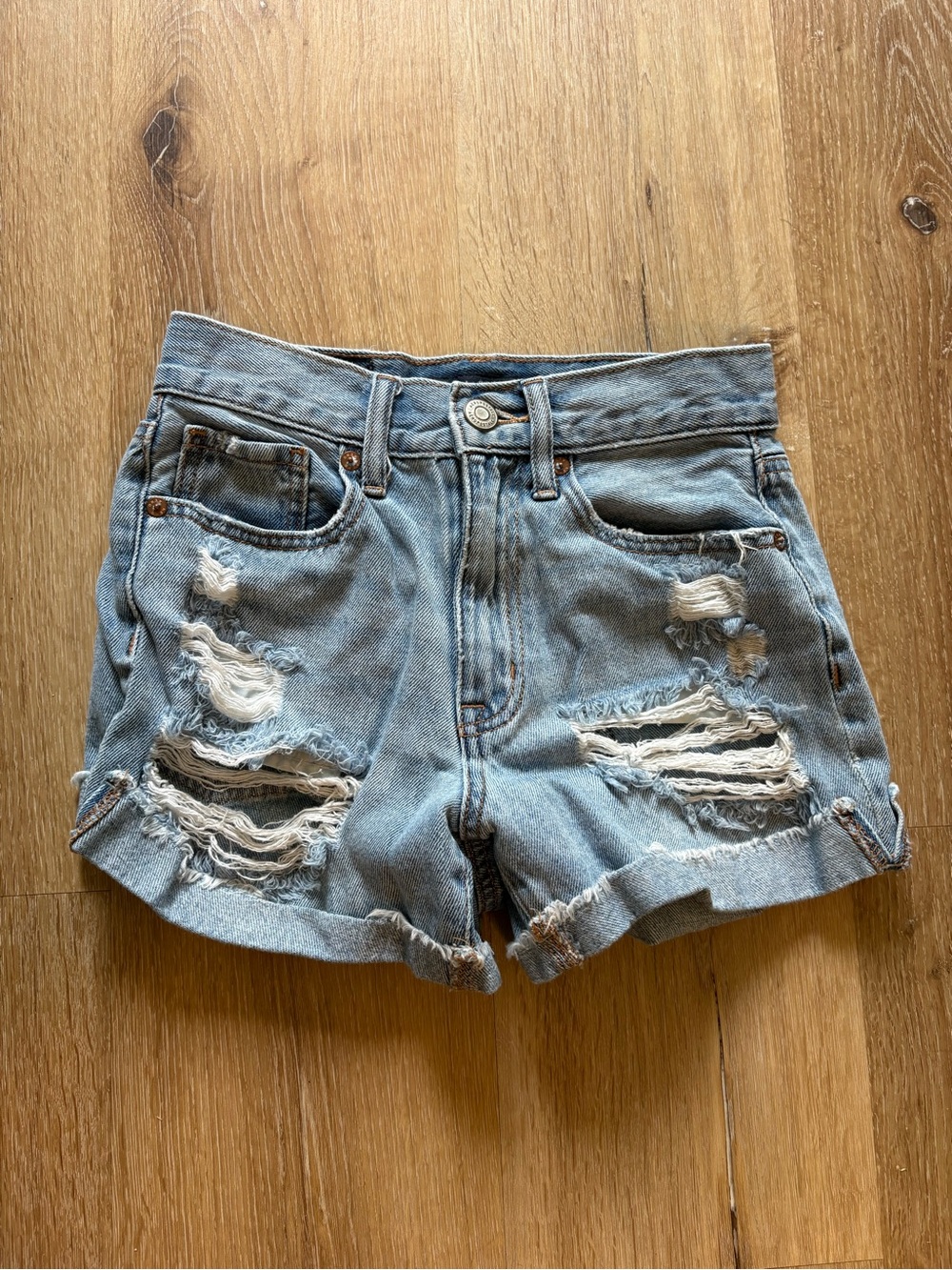 New Light Blue Distressed Mom Denim Shorts